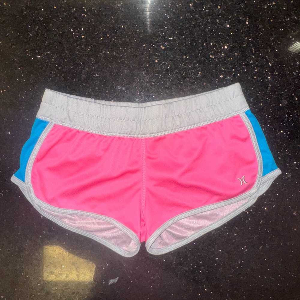Hurley Women's Hot Pink Athletic Shorts with Gray Waistband and Blue Side Panels
